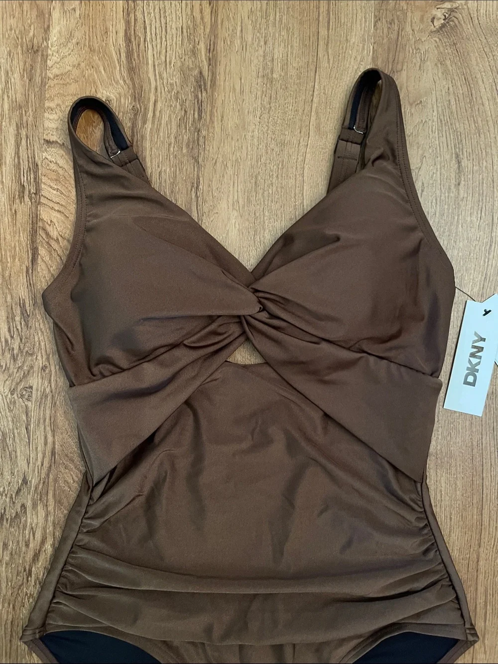 NWT DKNY Keyhole Twist Tummy Control One Piece Swimsuit Mocha Shimmer - Picture 5 of 9